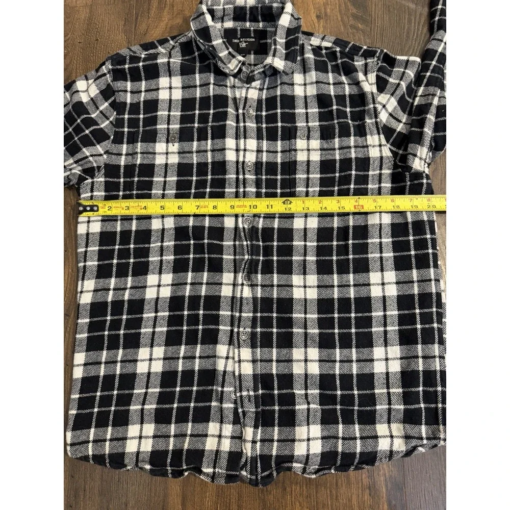 True Religion Shirt Mens Medium Black White Button Plaid Flannel Casual
